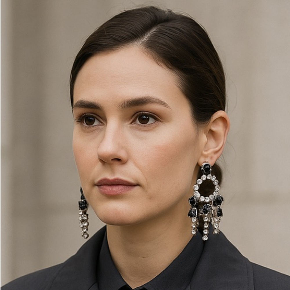 Lulu Frost Chandelier Earrings Black Clear Crystal Silvertone Art Deco Style New